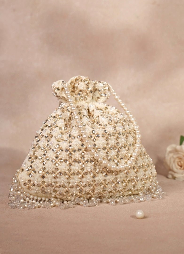 Ivory Suede Kundan Embellished Potli House of Kosha - Fabilicious Fashion