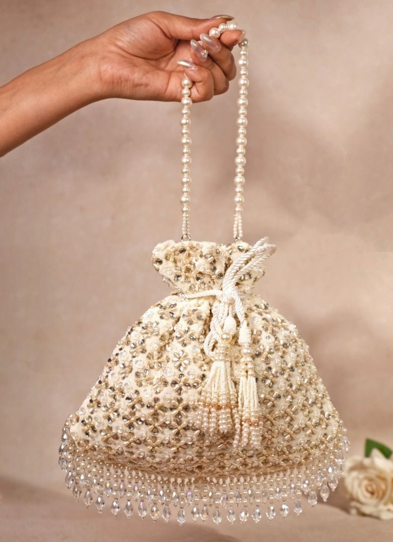 Ivory Suede Kundan Embellished Potli House of Kosha - Fabilicious Fashion
