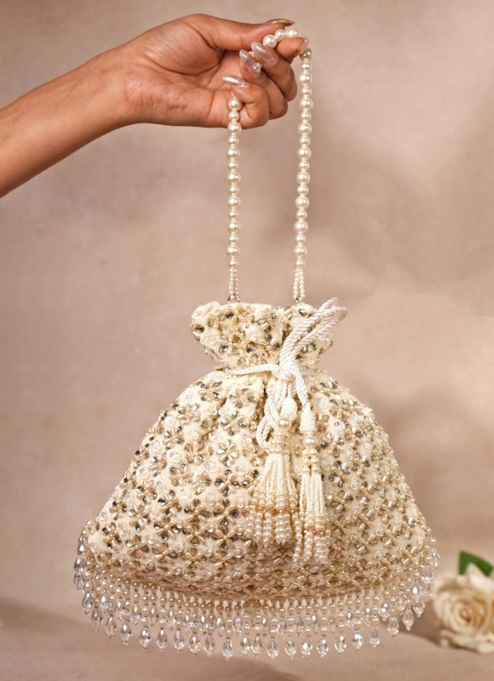 Ivory Suede Kundan Embellished Potli House of Kosha - Fabilicious Fashion