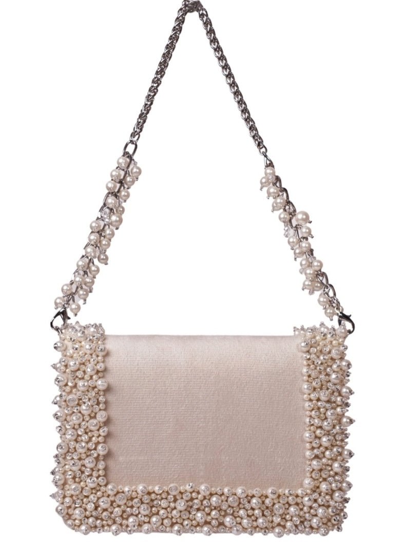 Ivory Suede Pearl Embellished Clutch House of Kosha - Fabilicious Fashion