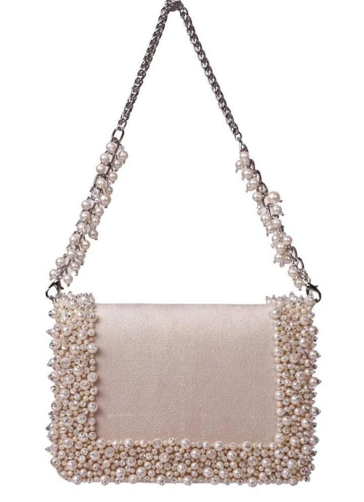 Ivory Suede Pearl Embellished Clutch House of Kosha - Fabilicious Fashion