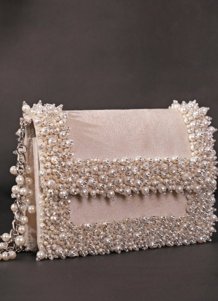 Ivory Suede Pearl Embellished Clutch House of Kosha - Fabilicious Fashion