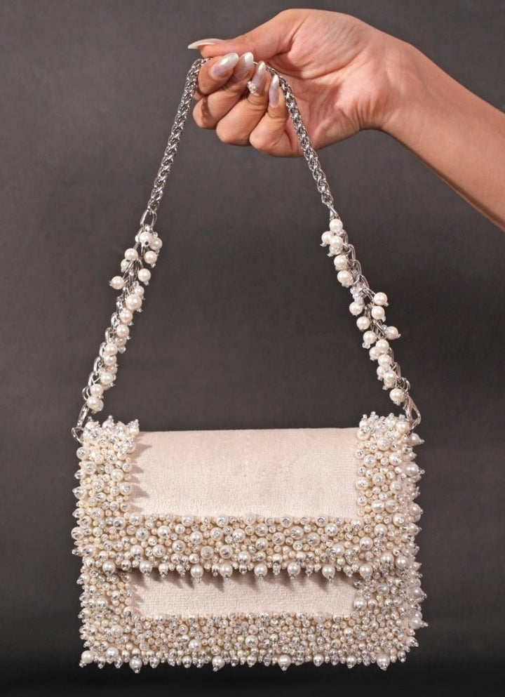 Ivory Suede Pearl Embellished Clutch House of Kosha - Fabilicious Fashion