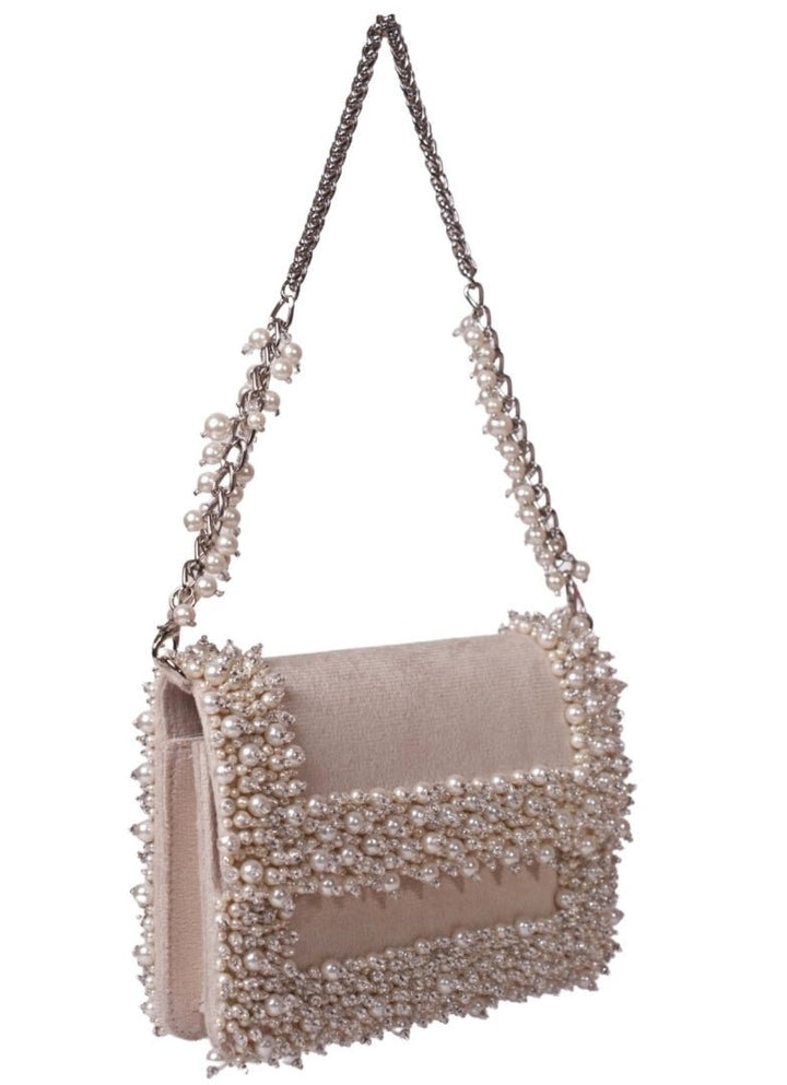 Ivory Suede Pearl Embellished Clutch House of Kosha - Fabilicious Fashion