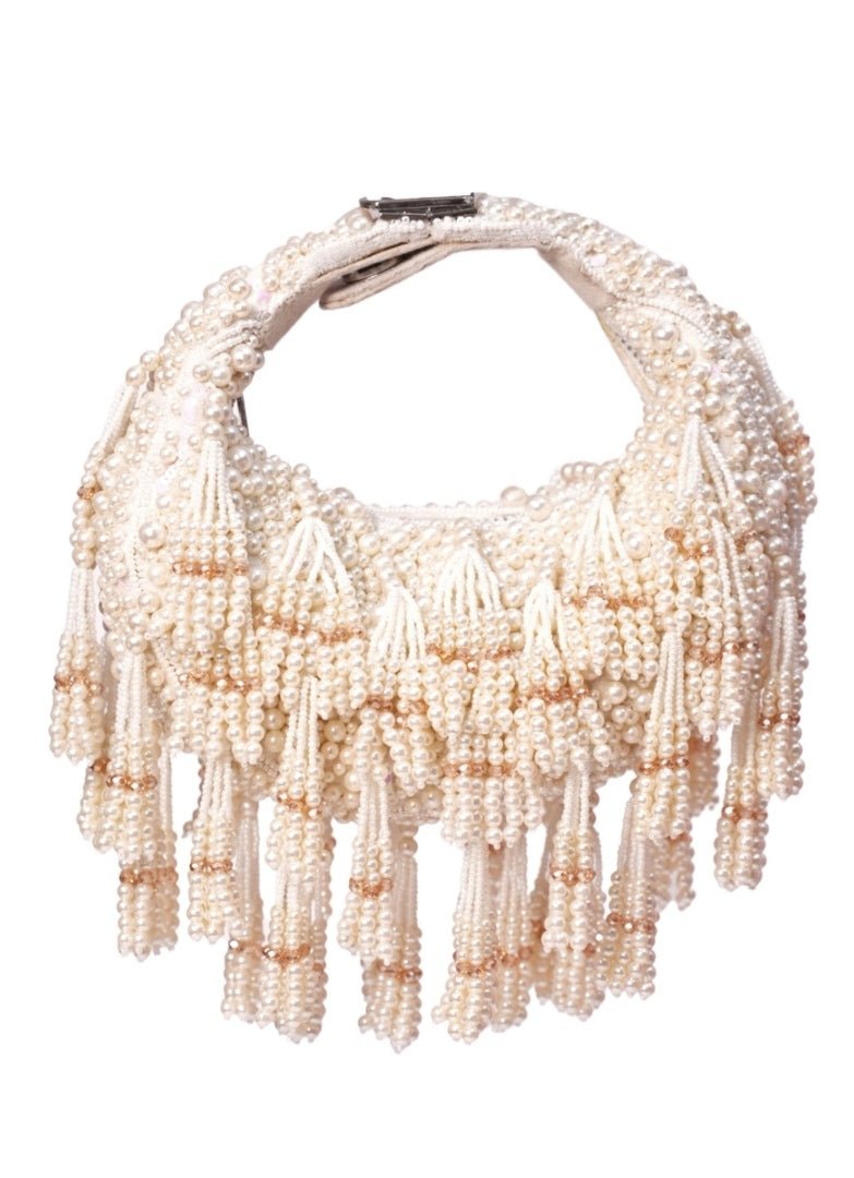 Ivory Suede Pearl Embellished Hobo Bag House of Kosha - Fabilicious Fashion