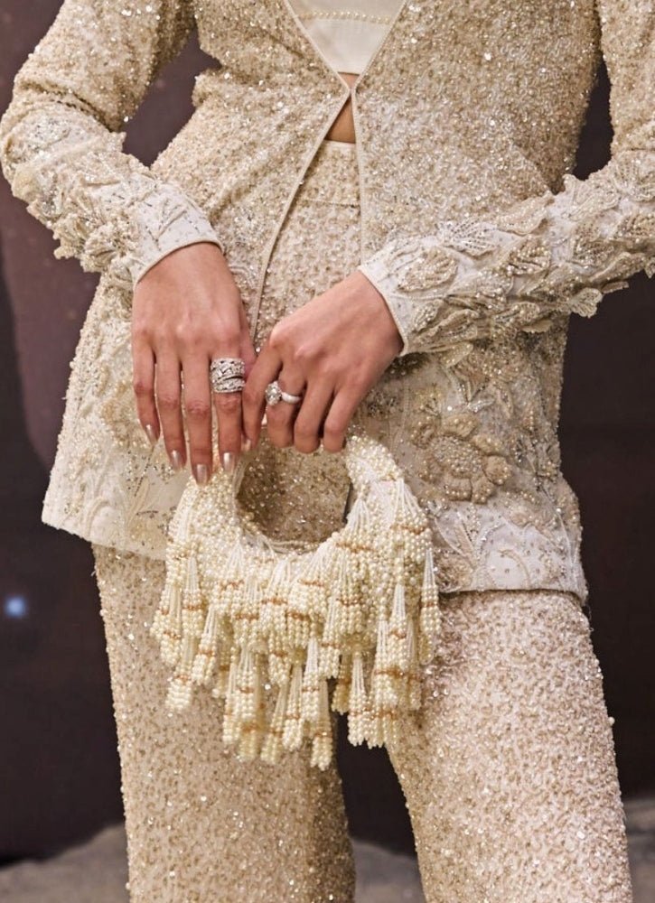 Ivory Suede Pearl Embellished Hobo Bag House of Kosha - Fabilicious Fashion