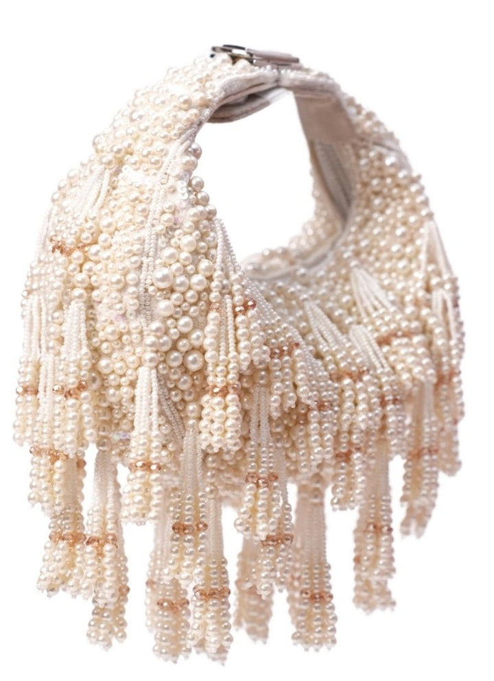 Ivory Suede Pearl Embellished Hobo Bag House of Kosha - Fabilicious Fashion