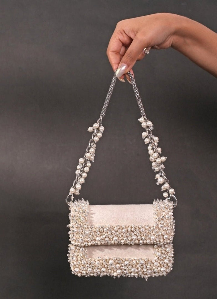 Ivory Suede Pearl Embellished Mini Bag House of Kosha - Fabilicious Fashion