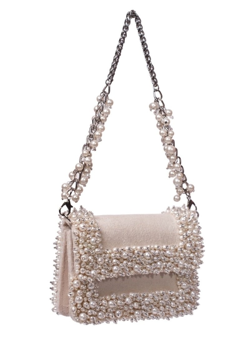 Ivory Suede Pearl Embellished Mini Bag House of Kosha - Fabilicious Fashion