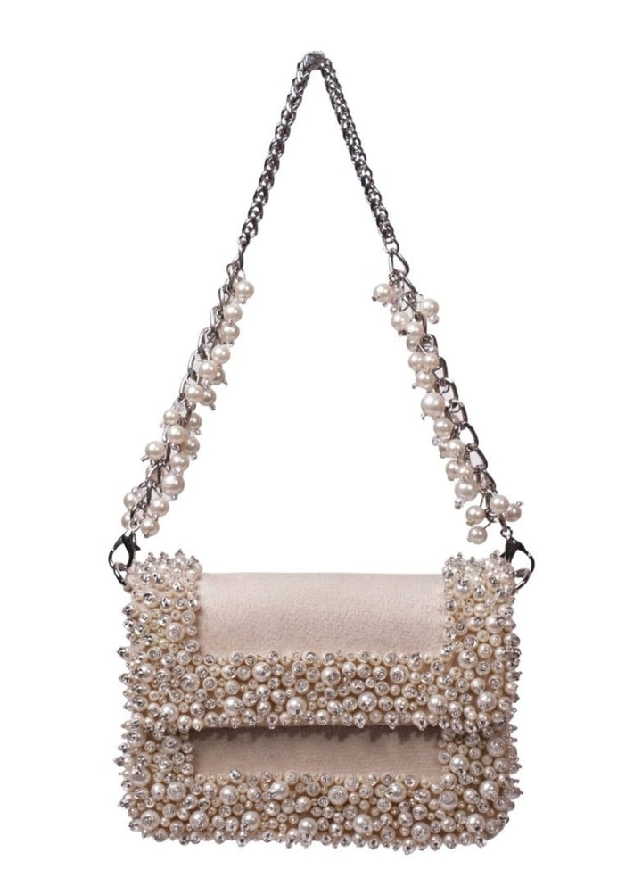 Ivory Suede Pearl Embellished Mini Bag House of Kosha - Fabilicious Fashion