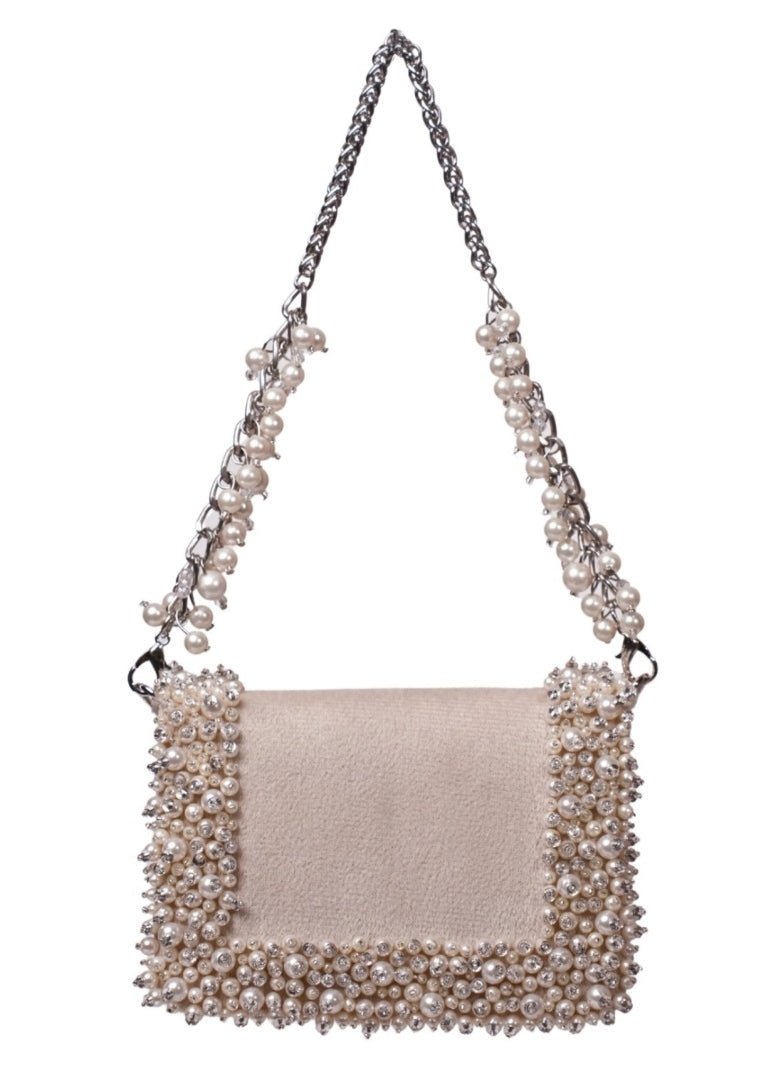 Ivory Suede Pearl Embellished Mini Bag House of Kosha - Fabilicious Fashion
