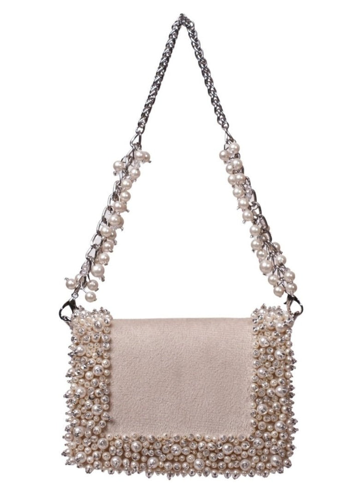 Ivory Suede Pearl Embellished Mini Bag House of Kosha - Fabilicious Fashion
