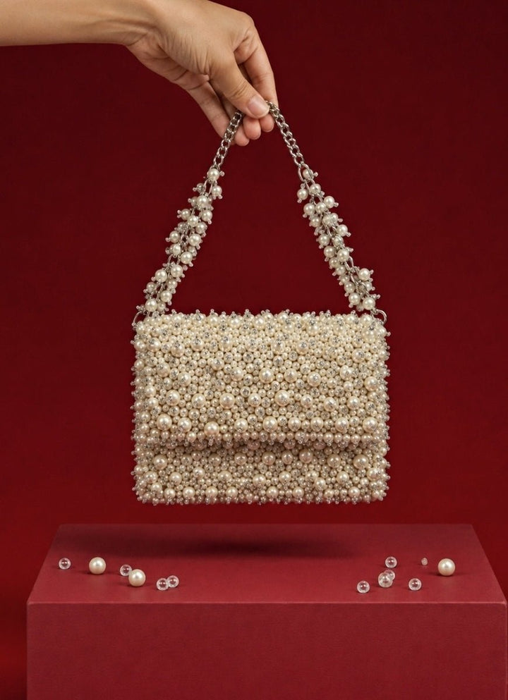 House of Kosha Ivory Suede Pearl Embellished Mini BagFabilicious Fashion