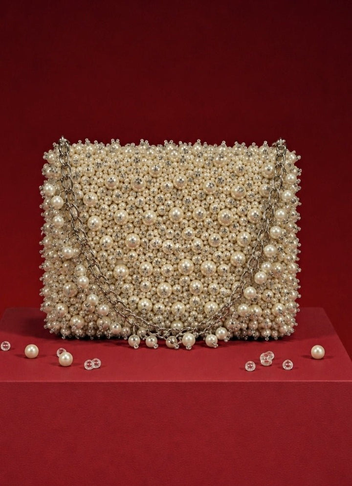 House of Kosha Ivory Suede Pearl Embellished Mini BagFabilicious Fashion