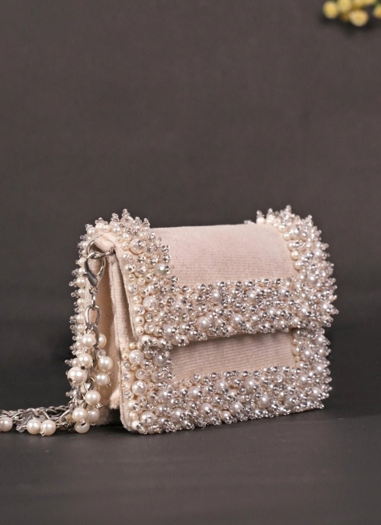 Ivory Suede Pearl Embellished Mini Bag House of Kosha - Fabilicious Fashion