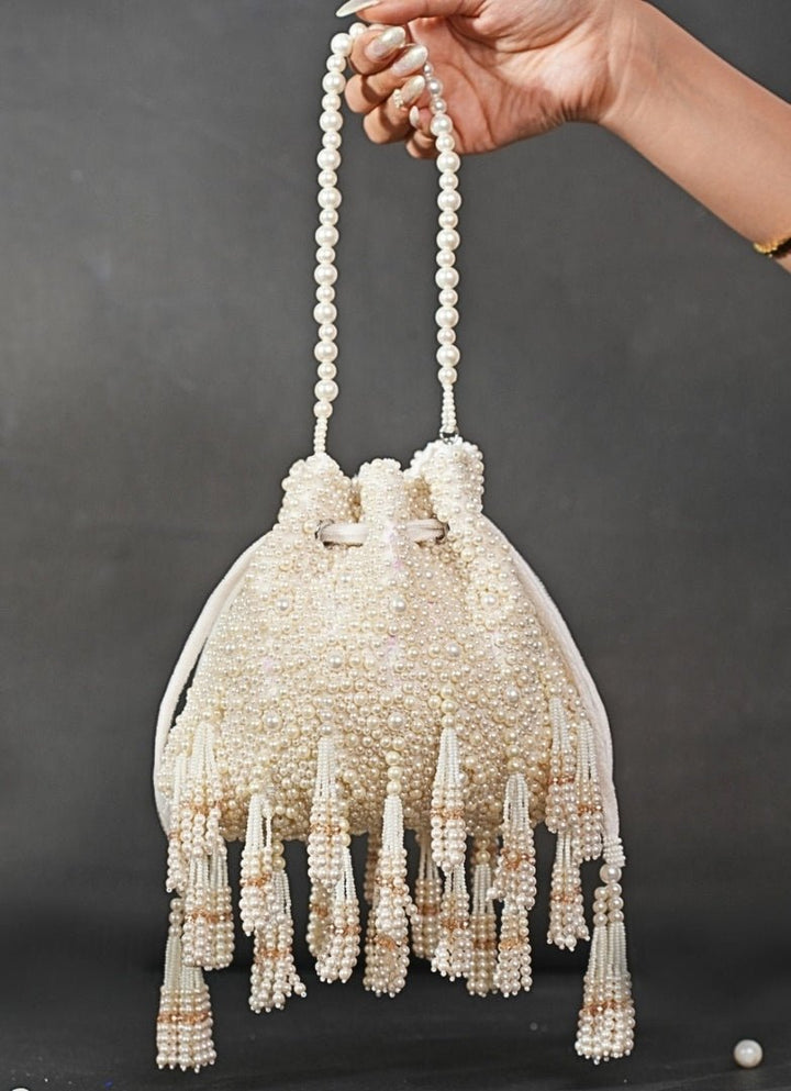 Ivory Suede Pearl Embellished Potli House of Kosha - Fabilicious Fashion