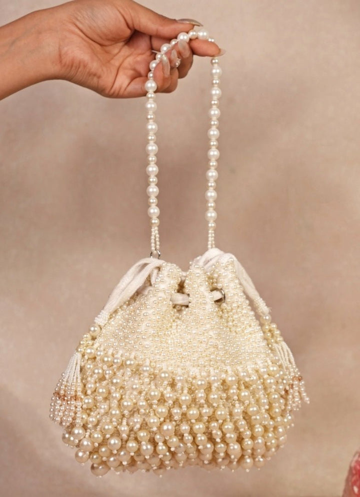 Ivory Suede Pearl Embellished Potli House of Kosha - Fabilicious Fashion