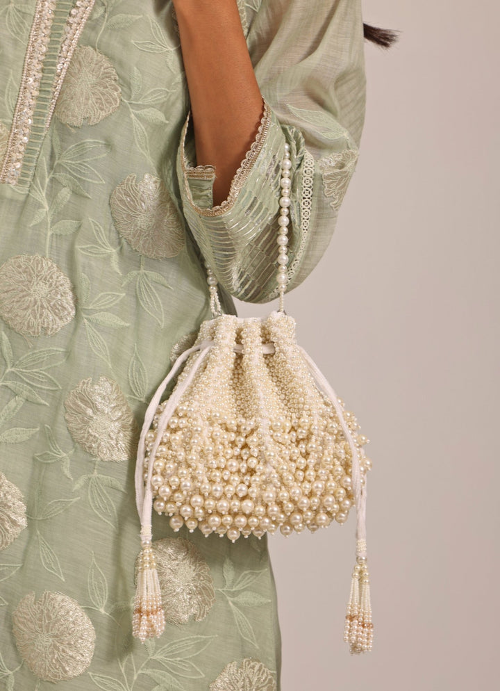 Ivory Suede Pearl Embellished Potli House of Kosha - Fabilicious Fashion