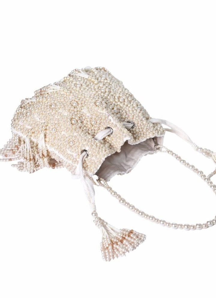Ivory Suede Pearl Embellished Potli House of Kosha - Fabilicious Fashion