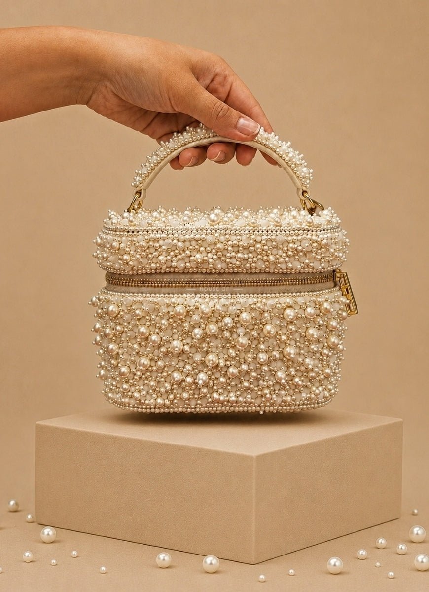 House of Kosha Ivory Suede Pearl Embellished Vanity BagFabilicious Fashion