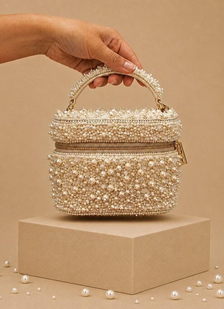 House of Kosha Ivory Suede Pearl Embellished Vanity BagFabilicious Fashion