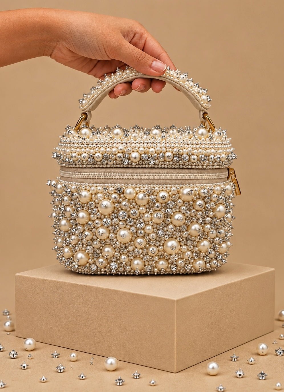 House of Kosha Ivory Suede Pearl Embellished Vanity BagFabilicious Fashion