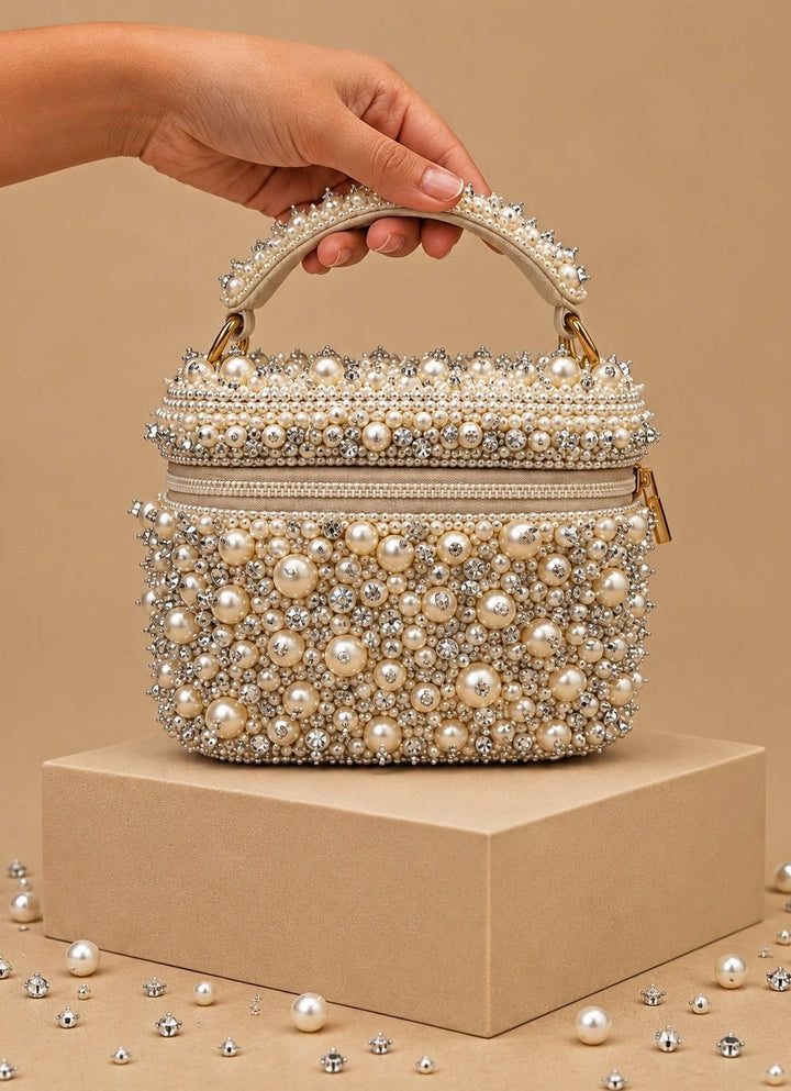 House of Kosha Ivory Suede Pearl Embellished Vanity BagFabilicious Fashion