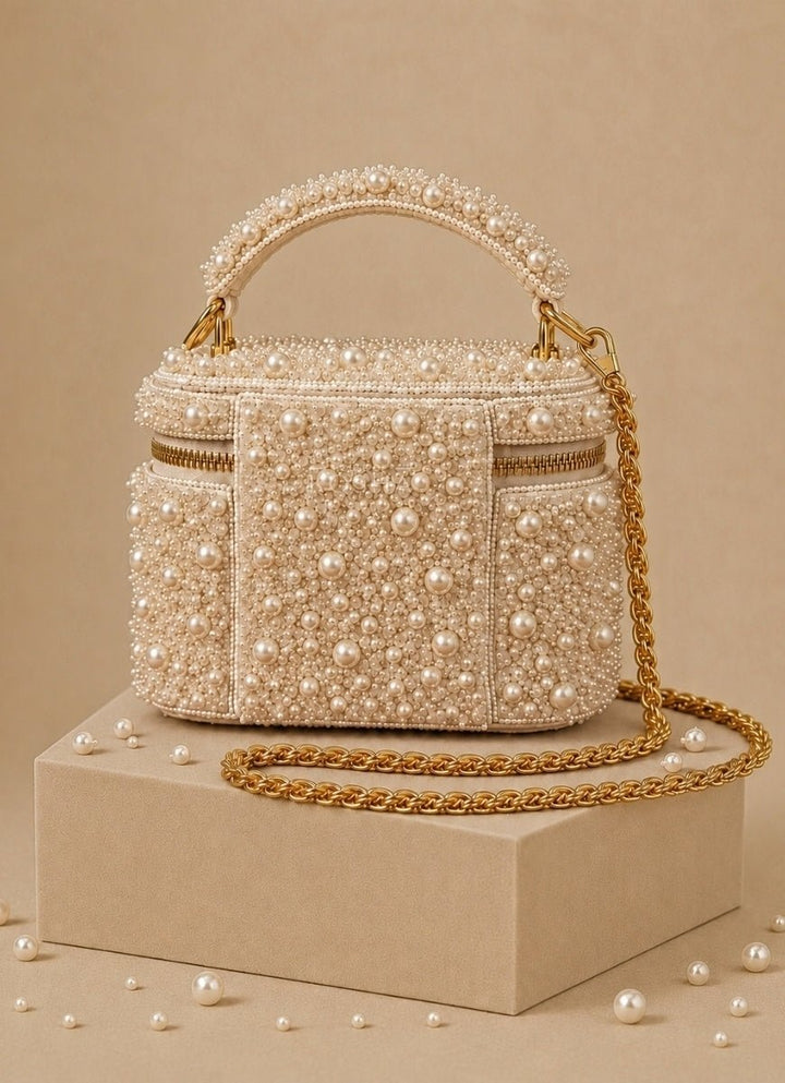 House of Kosha Ivory Suede Pearl Embellished Vanity BagFabilicious Fashion