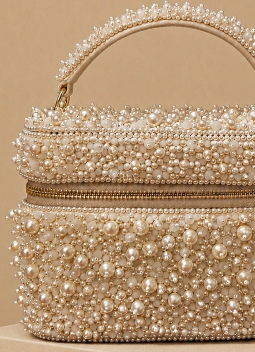 House of Kosha Ivory Suede Pearl Embellished Vanity BagFabilicious Fashion