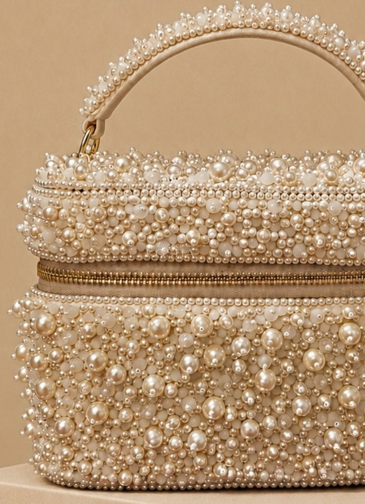 House of Kosha Ivory Suede Pearl Embellished Vanity BagFabilicious Fashion