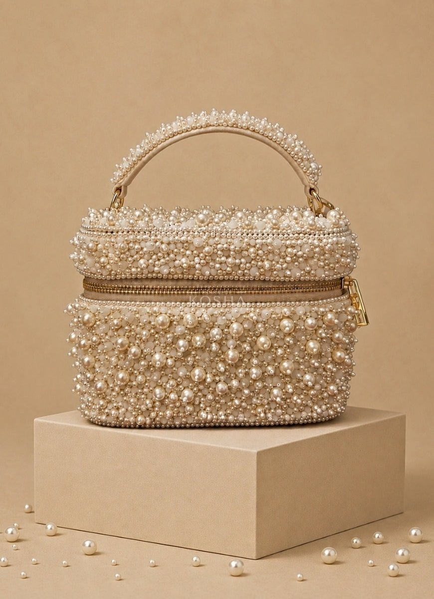 House of Kosha Ivory Suede Pearl Embellished Vanity BagFabilicious Fashion