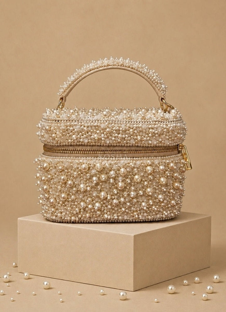House of Kosha Ivory Suede Pearl Embellished Vanity BagFabilicious Fashion