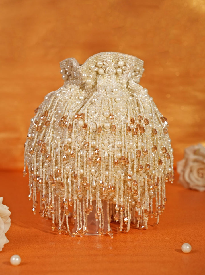 Ivory Suede Pearl Potli With Crystals House of Kosha - Fabilicious Fashion