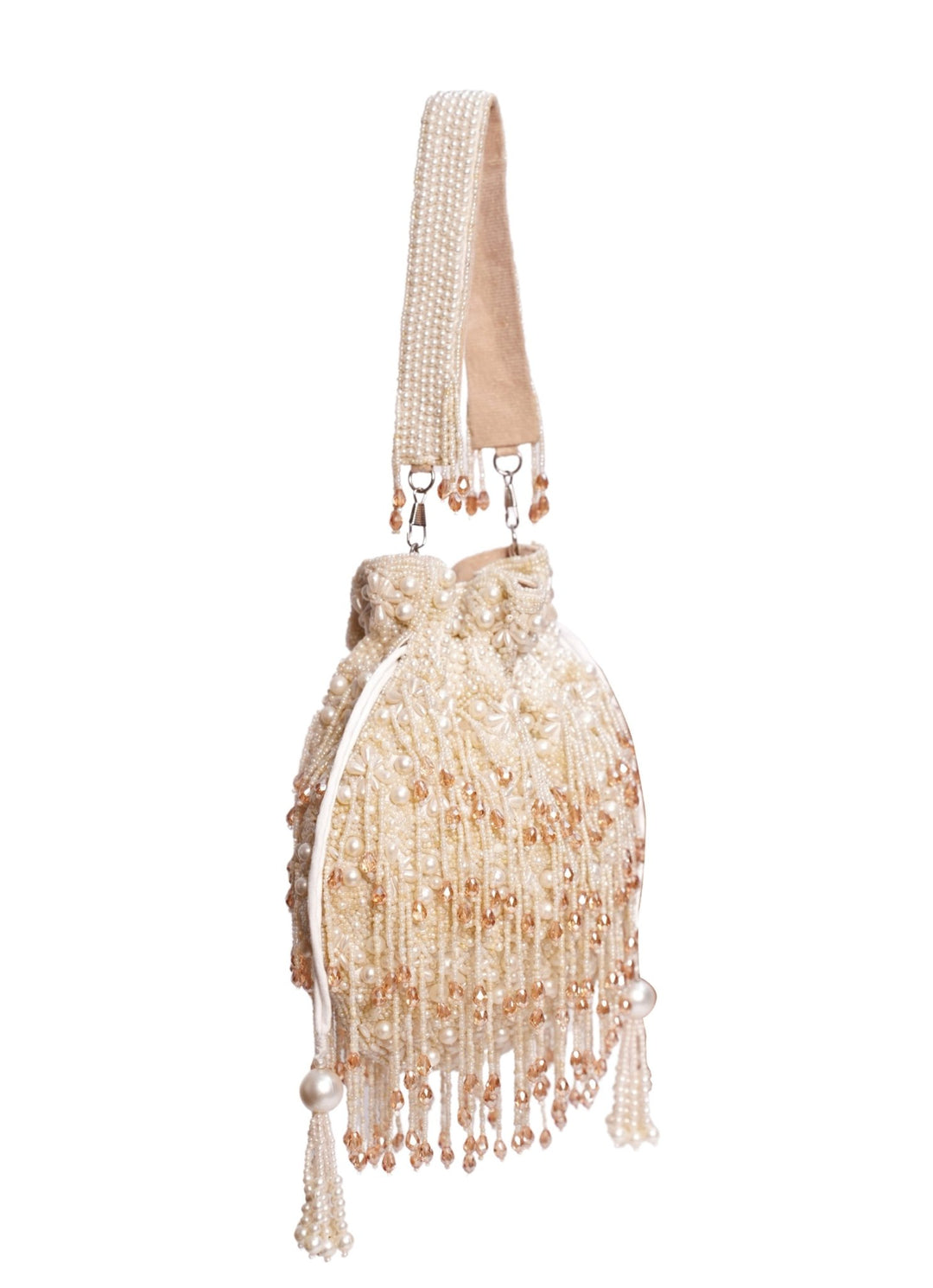 Ivory Suede Pearl Potli With Crystals House of Kosha - Fabilicious Fashion