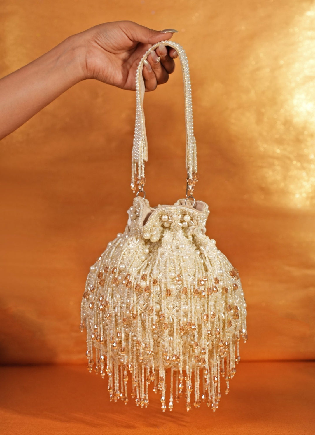 Ivory Suede Pearl Potli With Crystals House of Kosha - Fabilicious Fashion