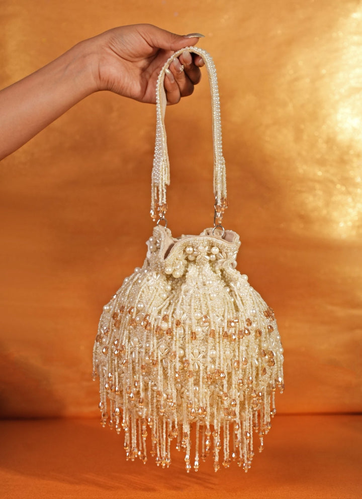 Ivory Suede Pearl Potli With Crystals House of Kosha - Fabilicious Fashion