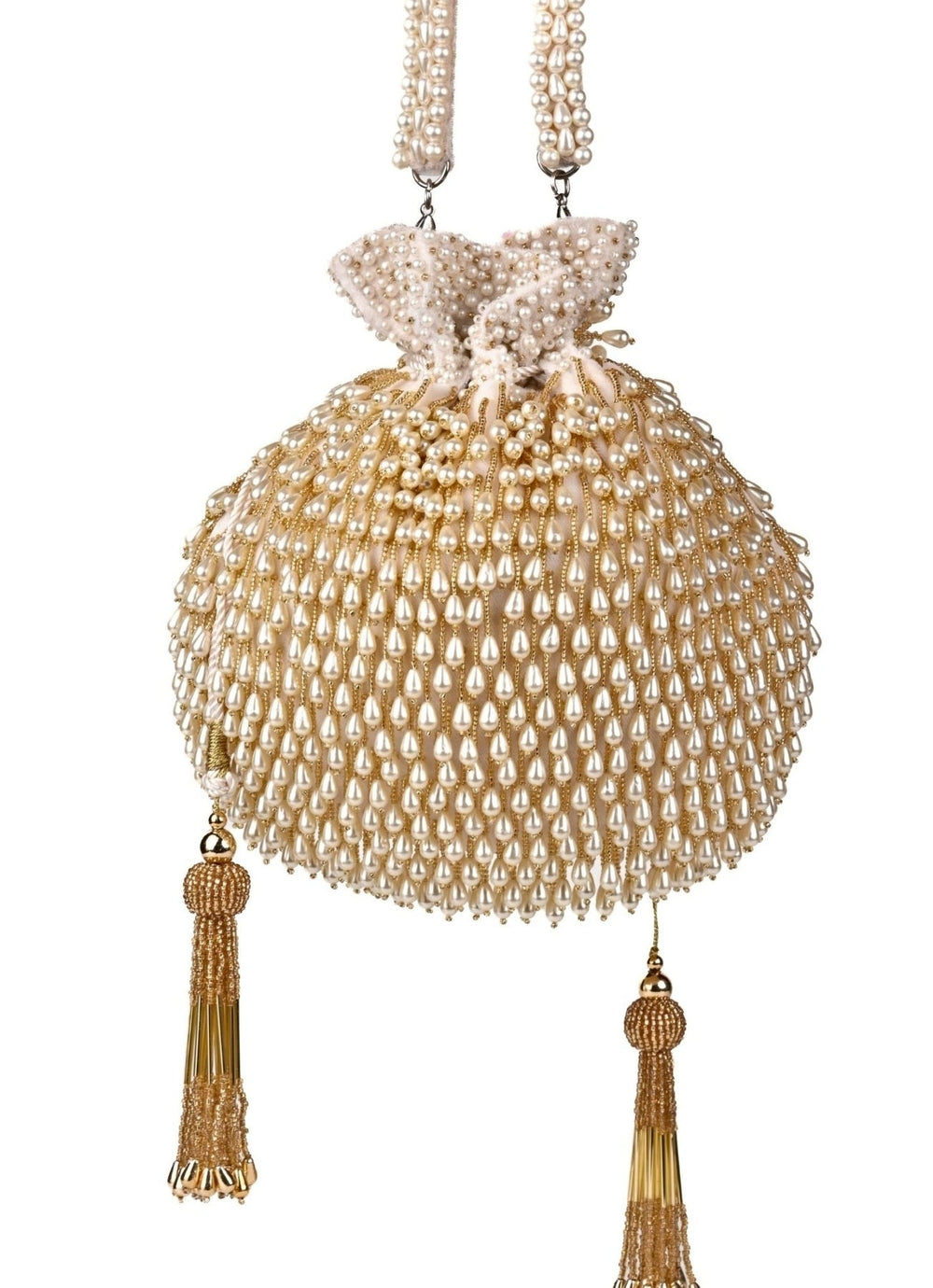 Ivory Suede Potli With Pearl Gold Hanging House of Kosha - Fabilicious Fashion