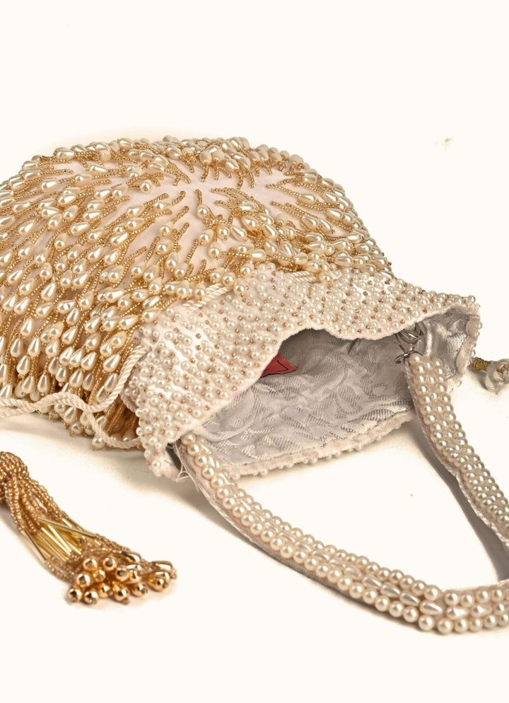 Ivory Suede Potli With Pearl Gold Hanging House of Kosha - Fabilicious Fashion