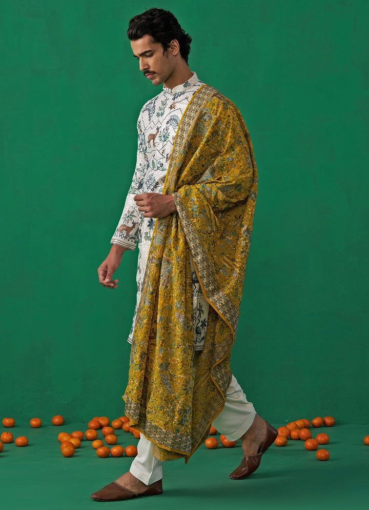 Ivory Swan Embroidered Georgette Kurta Set Kalpraag - Fabilicious Fashion