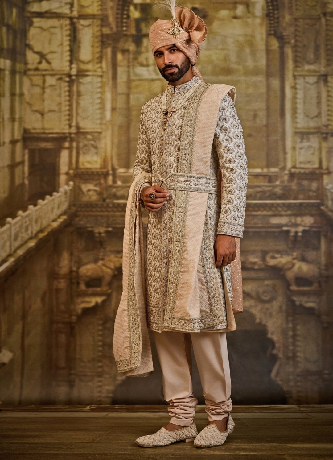 Ivory Taffeta Silk Sherwani Set Nitika Gujral - Men - Fabilicious Fashion