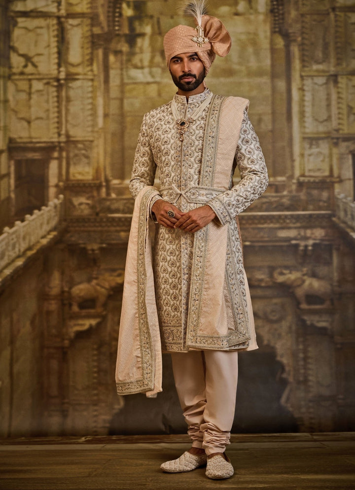 Ivory Taffeta Silk Sherwani Set Nitika Gujral - Men - Fabilicious Fashion
