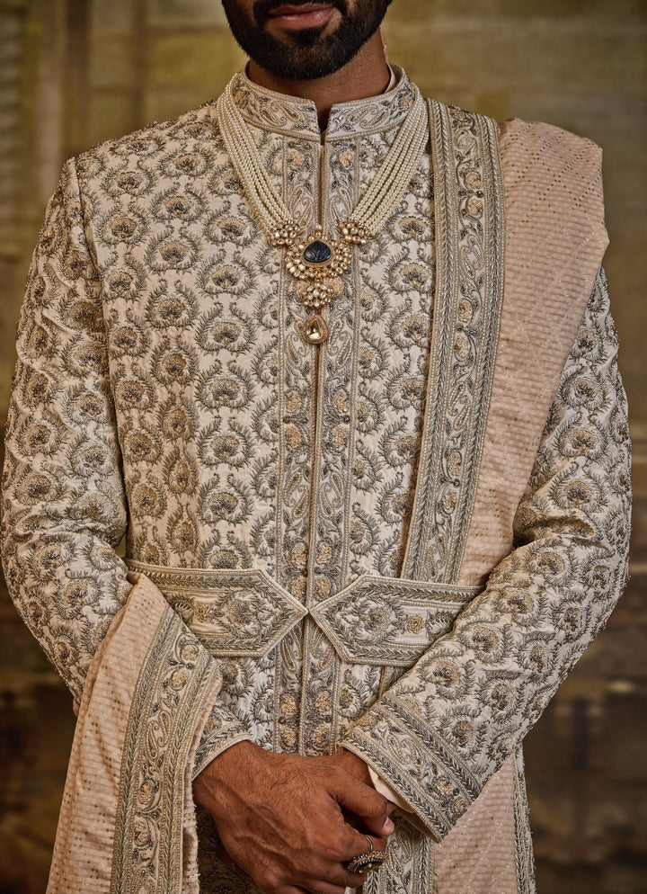 Ivory Taffeta Silk Sherwani Set Nitika Gujral - Men - Fabilicious Fashion