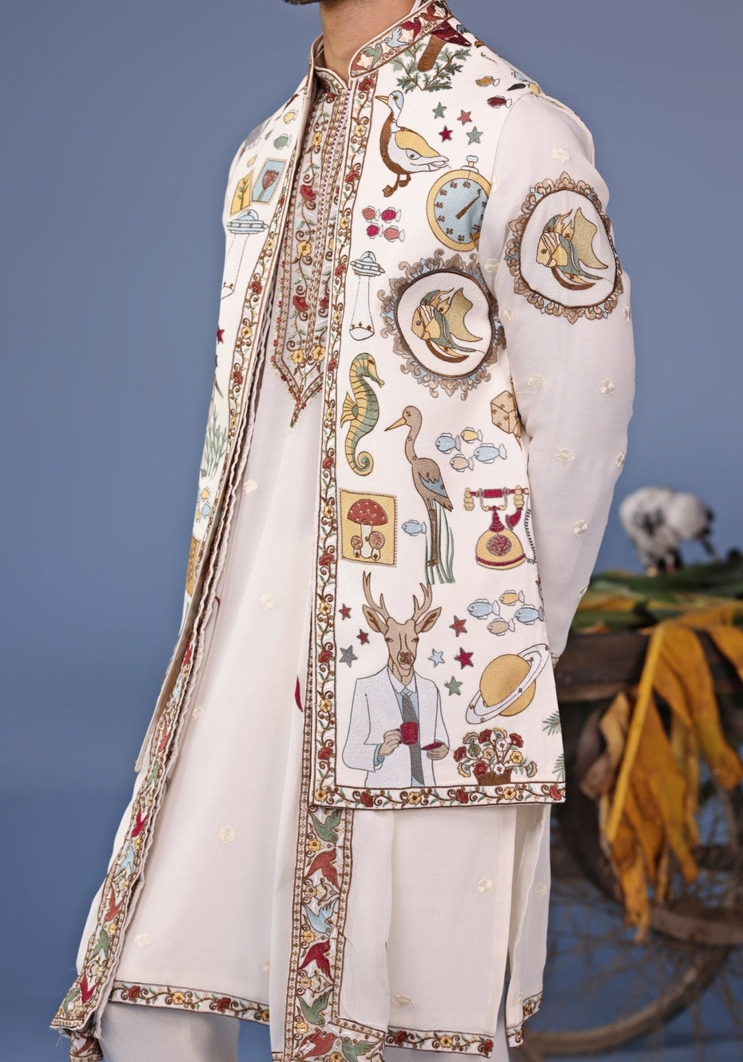 Ivory Thread Embroidered Georgette Kurta Jacket Set Kalpraag - Fabilicious Fashion