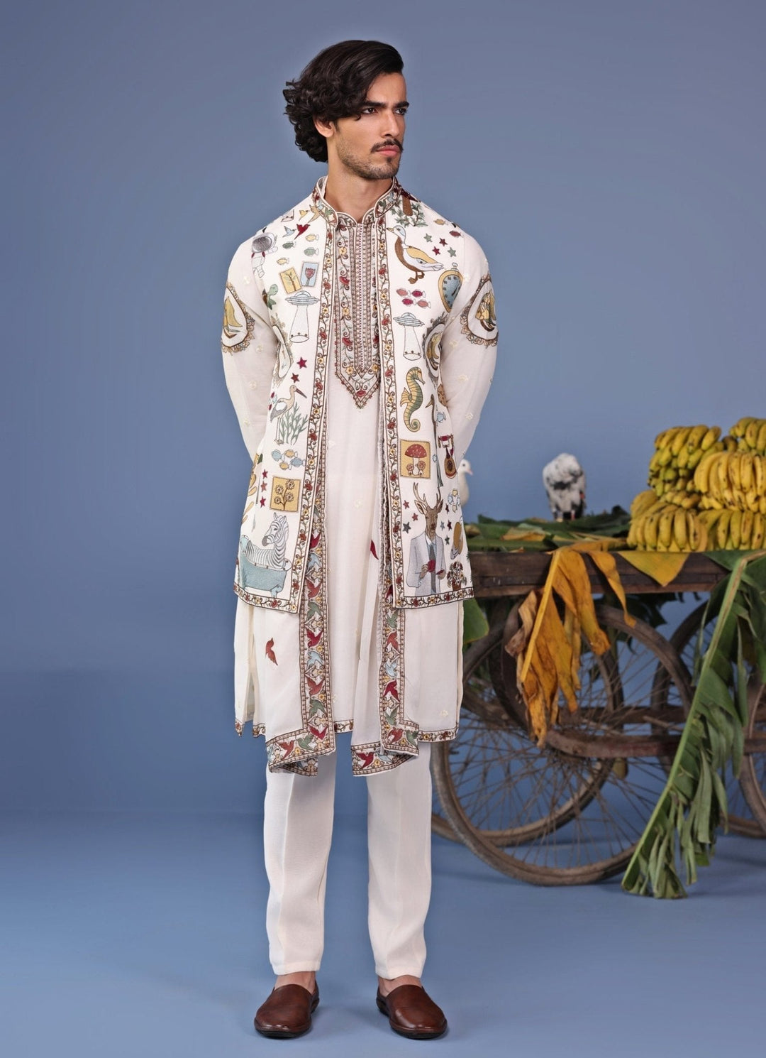 Ivory Thread Embroidered Georgette Kurta Jacket Set Kalpraag - Fabilicious Fashion