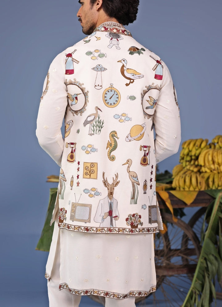 Ivory Thread Embroidered Georgette Kurta Jacket Set Kalpraag - Fabilicious Fashion