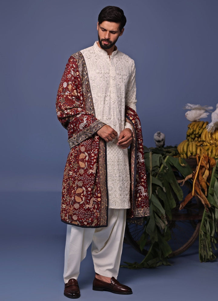 Ivory Thread Embroidered Kurta and Patiala Pant Set Kalpraag - Fabilicious Fashion