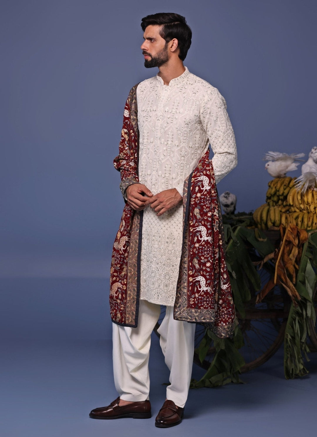 Ivory Thread Embroidered Kurta and Patiala Pant Set Kalpraag - Fabilicious Fashion