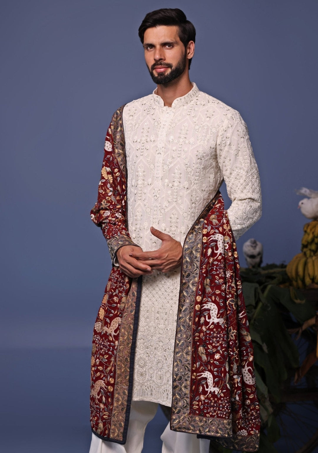 Ivory Thread Embroidered Kurta and Patiala Pant Set Kalpraag - Fabilicious Fashion