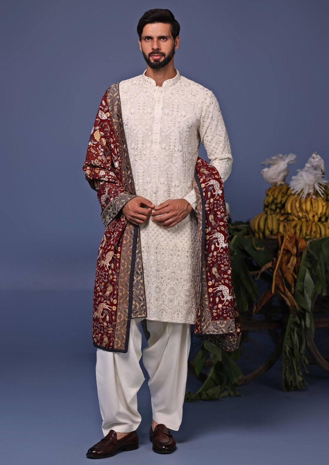 Ivory Thread Embroidered Kurta and Patiala Pant Set Kalpraag - Fabilicious Fashion