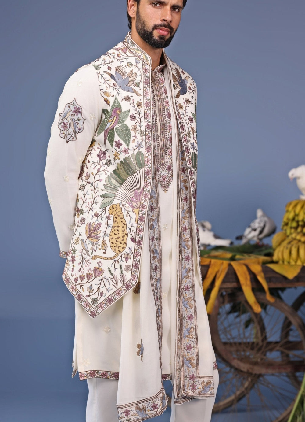 Ivory Thread Embroidered Kurta Pant Set with Jacket Kalpraag - Fabilicious Fashion